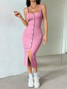 Flirla Đầm maxi nữ cổ vuông cài cúc phía trước, xẻ đùi, kiểu tank top. - Hồng - Xem 5