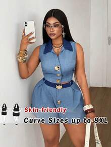 SHEIN CURVE+ مجموعة ملابس علوية بدون أكمام وشورت بأزرار أمامية مقاس كبير للصيف - متعدد الألوان - مشاهدة 1