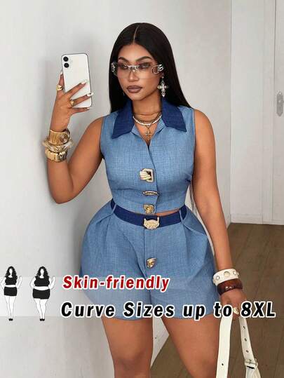 SHEIN CURVE+ Plus Size Summer Commuter Front Button Collar Sleeveless Top And Shorts 2 Pieces Set