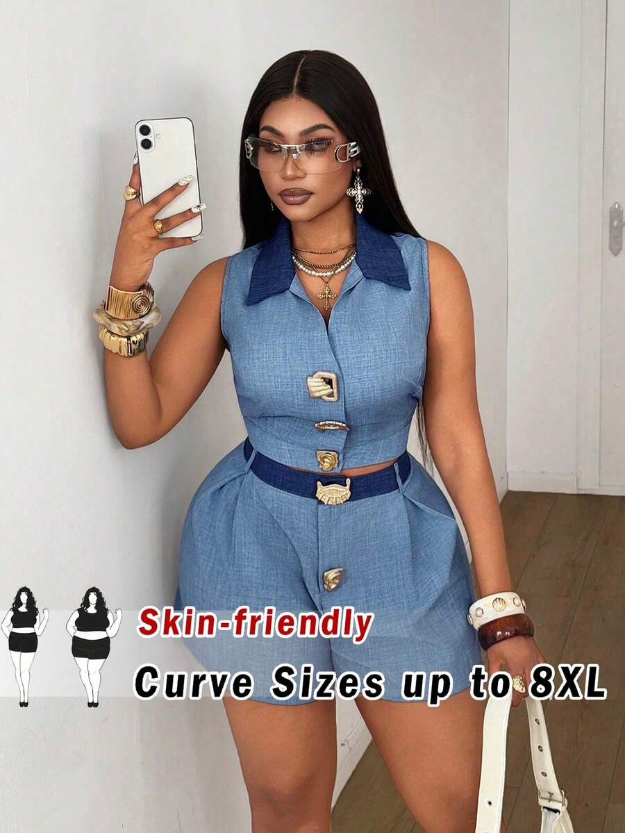 SHEIN CURVE+ مجموعة ملابس علوية بدون أكمام وشورت بأزرار أمامية مقاس كبير للصيف - متعدد الألوان - مشاهدة 1