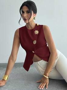 Firerie Blusa blanca elegante, refinada y romántica con botones metálicos en la cintura, corte evasé y sin mangas para uso diario y de oficina - Burdeos - Ver 6