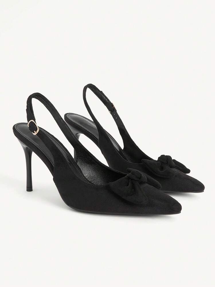 CUCCOO CHICEST Women Shoes Spring And Summer New Women's High Heel Shoes Bow Decoration Pointed Thin Heel Slingback Buckle 9cm Elegant Temperament Black Suede Solid Color Dating Party Daily Versatile Women's Shoes