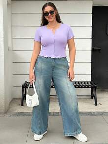 SHEIN EZwear 紫丁香色V领短袖纯色T恤，加大码 - 紫丁香色 - 查看 4