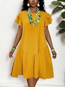 Slaydiva Plus Size Round Neck A-Line Knee-Length Ruffle Sleeve Romantic Hem Green Commuter Spring/Summer Light Vacation Dress - Yellow - View 5
