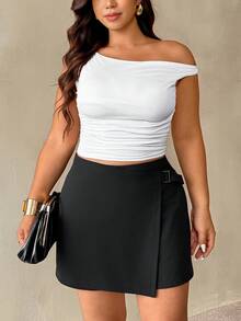 Auralis Talla Grande Negro Verano Casual Elegante Diario, Falda-Pantalón de Punto con Dobladillo Asimétrico, Ropa de Oficina Elegante para el Desplazamiento con Decoración de Hebilla Metálica - Negro - Ver 5