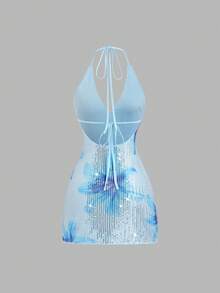 SHEIN Sweetro Women's New Spring/Summer Suitable For Vacation, Party, Elegant Romantic Floral Sequin Fabric Deep V-Neck Design Backless Tie Strap Mini Dress - Blue - View 2