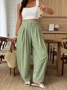 SHEIN LUNE Plus Size Women's Casual Vacation Pleated Plaid Pants, Suitable For Daily Wear And Vacation - Multicolor - View 6