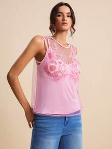 LOTSLUV Áo nữ màu hồng xuyên thấu cổ tròn không tay dáng rộng và áo hai dây màu hồng cánh sen, thích hợp cho mùa xuân/hè. - Màu Hồng baby - Xem 7