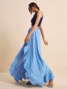 Women's Spring/Summer Vacation Blue 2 In 1 Ruffle Hem Culottes,  Prom Pants - Sky Blue - View 6
