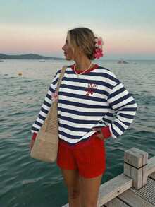 SHEIN EZwear 女士休闲条纹龙虾印花宽松圆领长袖卫衣，适合度假和夏季穿着 - 彩色 - 查看 6