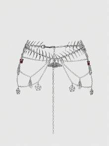 ROMWE Goth Phụ kiện trang trí nữ 1 mảnh hình xương bạc đính gai, màu đỏ, nhỏ giọt dầu, hình bướm, lòng bàn tay rỗng, ngôi sao năm cánh, con bướm đêm, phong cách punk tối màu, đường phố, nhiều lớp, dây đeo eo, phụ kiện váy, quần jean, đa năng, hàng ngày, dự tiệc, được ưa chuộng. - Xương gai nhiều lớp chuỗi thắt lưng - Xem 1