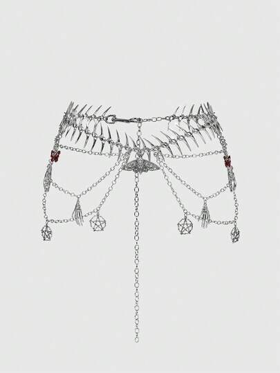 ROMWE Goth 1 pieza Accesorio de cadena de cintura de mujer con diseño de esqueleto de mariposa, esqueleto de palma, pentágono hueco y polilla, en estilo punk oscuro, versátil para uso diario y fiestas