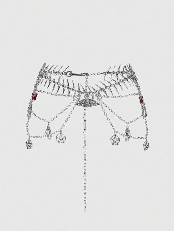 ROMWE Goth 1-Piece Women's Silver Bones Spiked Red Oil Dripping Skeleton Butterfly Skeleton Palm Hollow Pentagram Moth Accessories Decorative Dark Wind Punk Wind Street Wind Side Multi-Layer Waist Chain Dress Jeans Accessories Daily Versatile Party Party Party Preferred