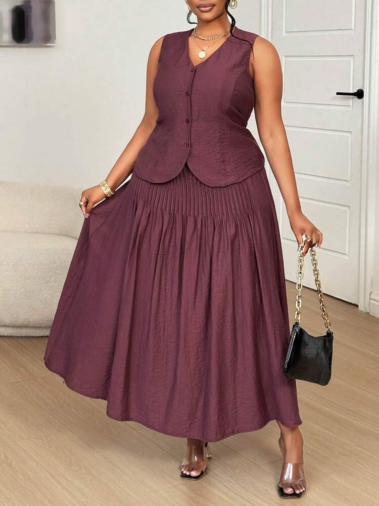 Dazy Plus Elegant Plus Size Women's Sleeveless V-Neck Tie-Waist Top And Pleated Long Skirt Two Pieces Set, Casual Commuter Spring/Summer Lounge Sets For Women