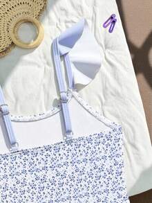 SHEIN Vintaside Kids 女童碎花连体泳衣，荷叶边裙摆，适合游泳、夏季度假、海滩、泳池 - 粉色 - 查看 4