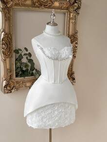 Lovelzi Elegant White Bridal Shower,3D Floral Rhinestone Strapless 2 In 1 Fishtail A-Line Evening Party Wedding Cocktail Short Gown Spring - White - View 5