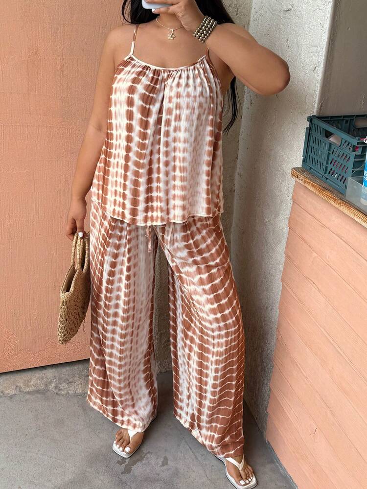 Dazy Plus Women's Casual Floral Print Loose Camisole And Wide Leg Pants Set, Plus Size, Spring/Summer Lounge Sets For Women