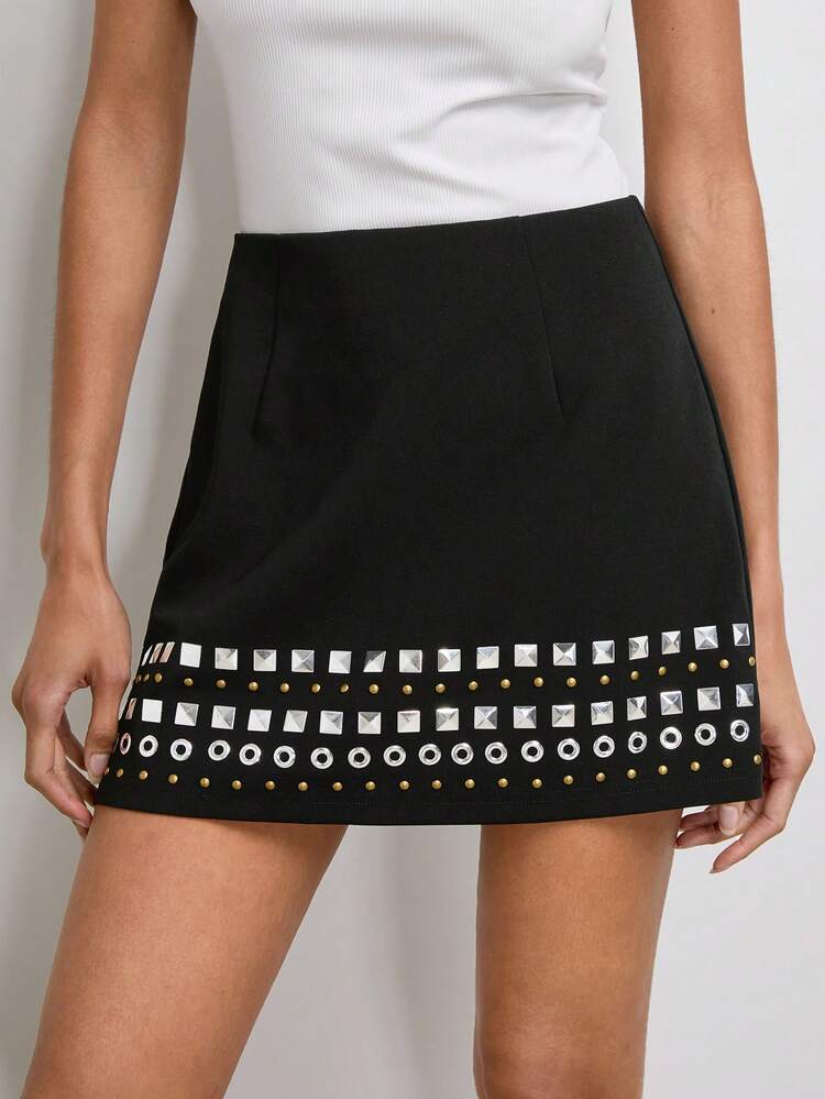 SHEIN Maija Women's Summer Fashion Rivet Decor Mini Skirt