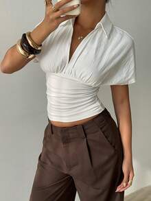 Aloruh Women's Spring/Summer Stand Collar V-Neck Solid White Fitted Short Sleeve Blouse Cinched Waist Top Ruched Top,Summer Top - White - View 9