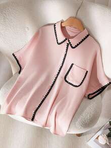 CosyJoli 大码女式拼接单排扣休闲百搭日常衬衫 - 粉色 - 查看 5