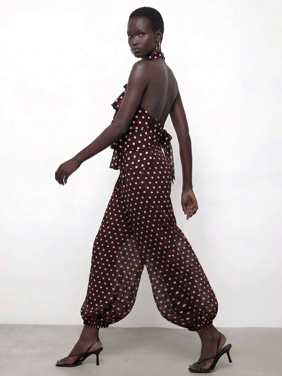 Maija 女士宽松直筒波点休闲裤，夏季百搭 - 棕色 - 查看 1