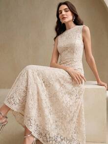 Anewsta Essential Women's New Elegant Sleeveless Round Neck Lace Fitted Flared Dress, Apricot Color, Suitable For Party, Vacation - Apricot - View 4