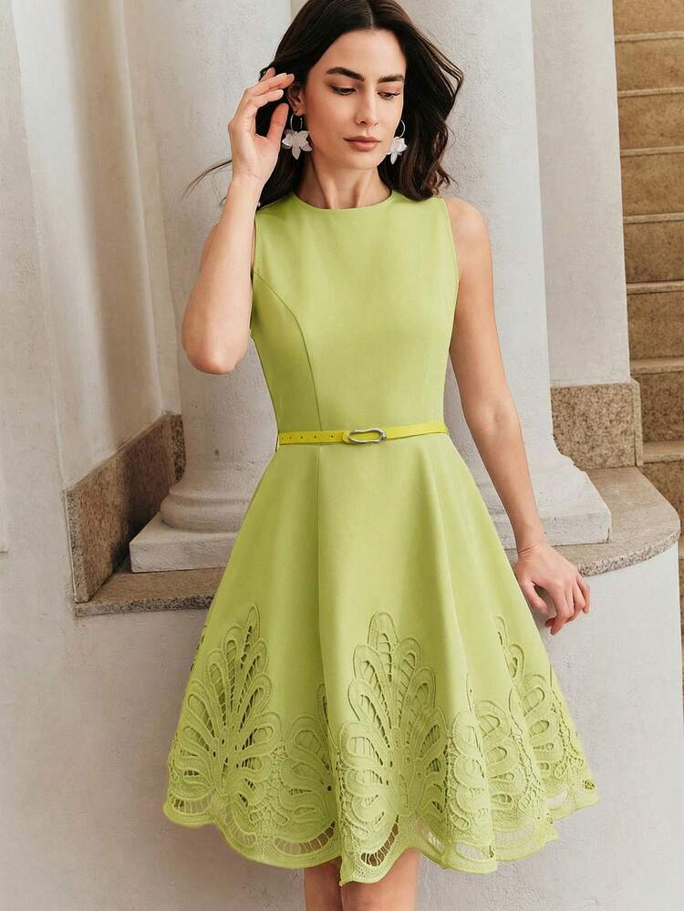 Anewsta Women's Solid Blue Elegant Sleeveless Round Neck A-Line Short Dress, Irregular Ruffle Hem, Comes With Matching PU Belt, Suitable For Spring/Summer, Beach, Holiday, Wedding, School, Daily Occasions