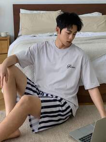 DAZY Men's Letter Embroidered Short Sleeve & Shorts Pajama Set, Summer - Multicolor - View 4