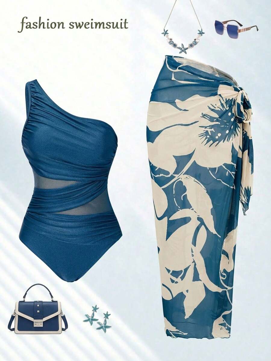 Swim Oasis 蒂爾藍夏季優雅海灘派對度假女款連身泳衣，附花卉印花罩衫裙，單肩網紗泳裝套裝