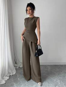 Rafferiza 2pcs/Set Women Solid Color Textured Pleated Round Neck Sleeveless Top - Mocha Brown - View 4