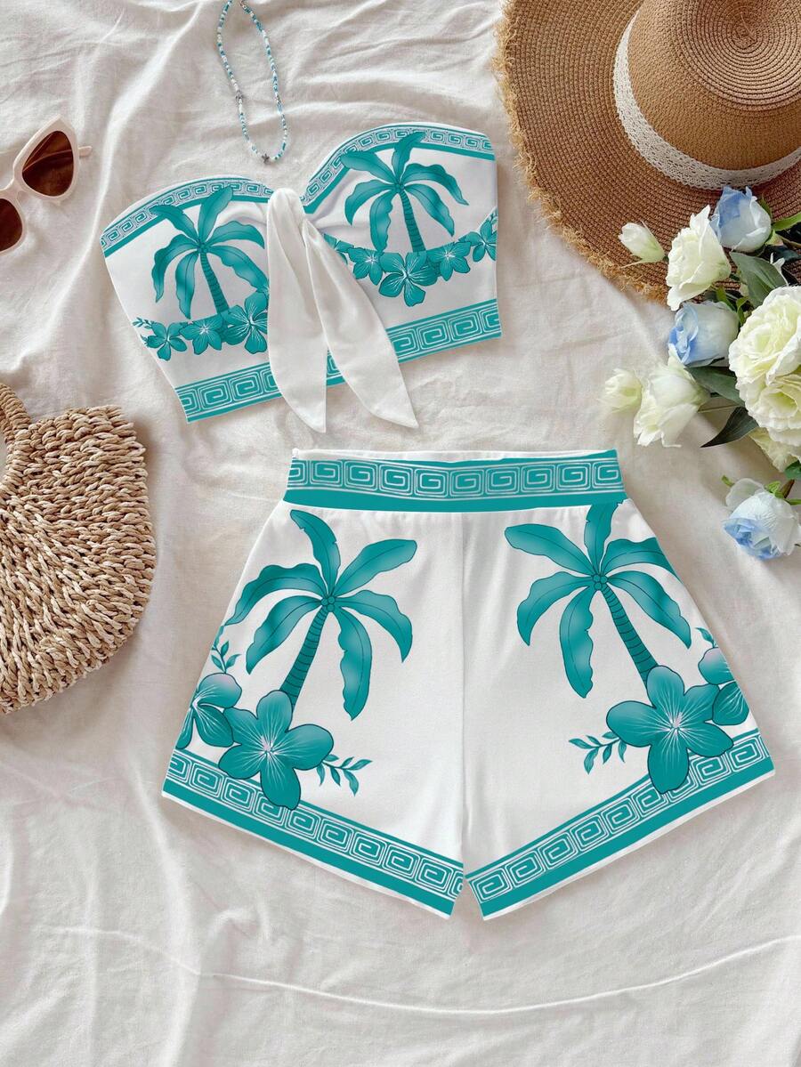 Soleia Women's Vacation Style Coconut Tree Print Bandeau Top And Casual Shorts Swimsuit Set,Vacation Outfits Women - Mint Green - View 1