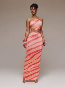 MUSERA Đầm maxi ôm sát in họa tiết, khoét eo, cổ yếm, thích hợp cho mùa xuân hè, lễ hội Ibiza, kỳ nghỉ, dễ thương, gợi cảm, phong cách Y2K, đi chơi đêm, câu lạc bộ, nhiệt đới, quyến rũ. - trái cam - Xem 3