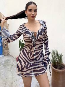 Marta Soriano Women's Summer Vacation Beach Wedding Season Zebra Pattern Off-Shoulder Neck Metal Decoration Ruffles Mini Dress,Summer Outfits For Women,Rave Outfits,European Summer,Summer Dresses For Women - Black - View 5