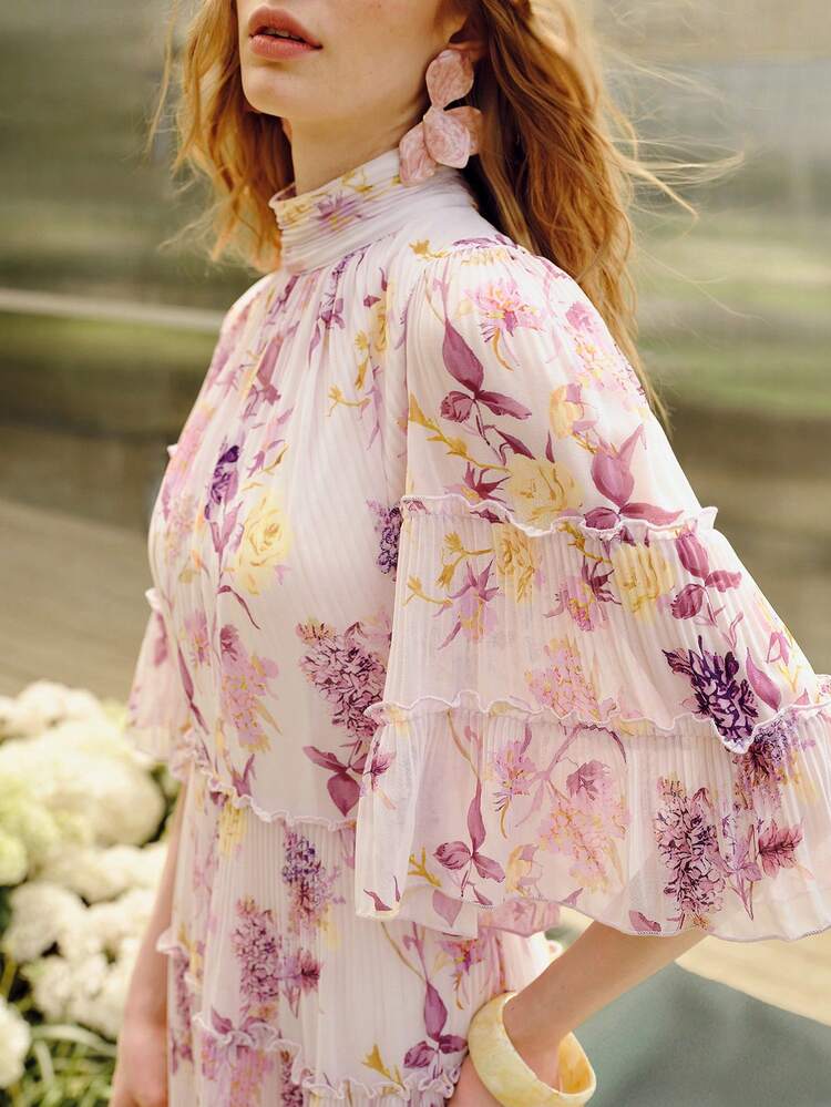 WOMEN'S PLEATED LOOSE ELEGANT PRINTED LONG DRESS, SPRING/SUMMER