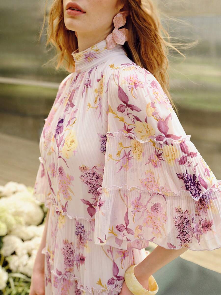 MOTF PREMIUM WOMEN'S PLEATED LOOSE ELEGANT PRINTED LONG DRESS, SPRING/SUMMER - Mauve Purple - View 1