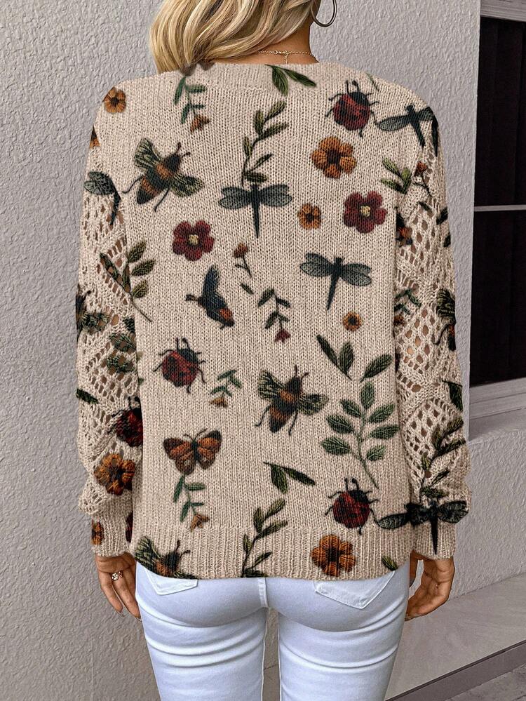 Women's Casual Vacation Style Insect & Plant All-Over Print V-Neck Open Knit Long Sleeve Pullover Sweater, Autumn/Winter, Christmas,Casual
