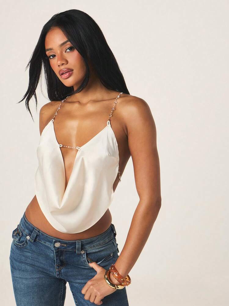MISSGUIDED Women's White Chain Detail Plunging V-Neck Sleeveless Cami Top With Asymmetrical Drape Design For Summer