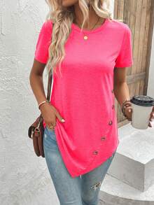 EMERY ROSE Women's Solid Color Round Neck Short Sleeve Button Design Casual Asymmetric Hem T-Shirt - Coral Pink - View 5