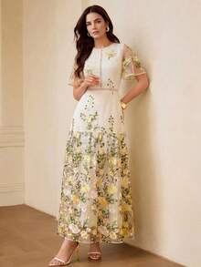 ZEYLAH 对比色网布花卉刺绣连衣裙 - 彩色 - 查看 6