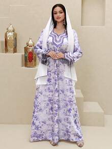 Al Najma 女士花卉图案V领长袖优雅阿拉伯连衣裙 - 紫色 - 查看 4