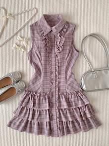 Comfortcana Đầm ngắn không tay cài cúc phía trước, họa tiết kẻ caro, viền bèo nhún, phong cách thường ngày, dành cho nữ, mùa hè. - Nhiều màu - Xem 5