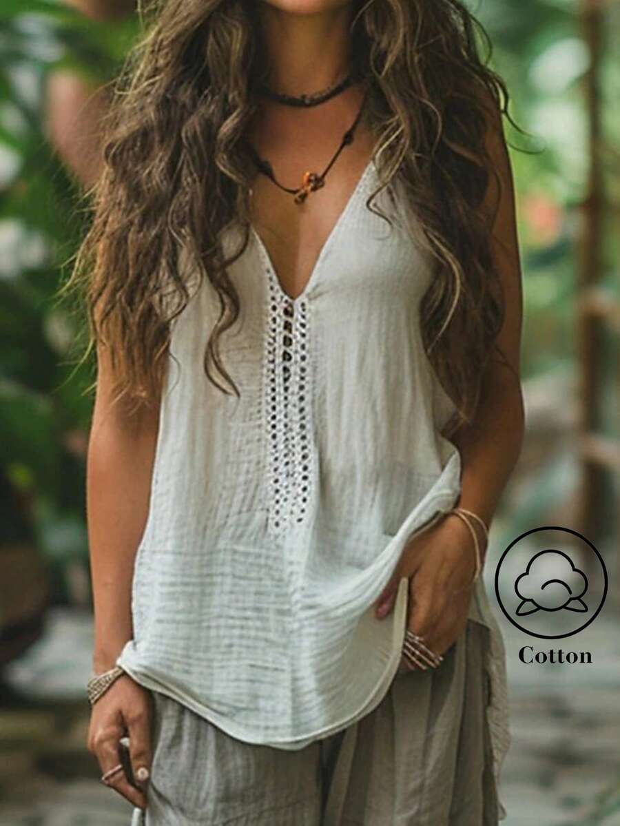 Zayélia Áo thun nữ thời trang đa năng cổ chữ V khoét lỗ bằng móc len, thích hợp cho kỳ nghỉ. - Màu be - Xem 1