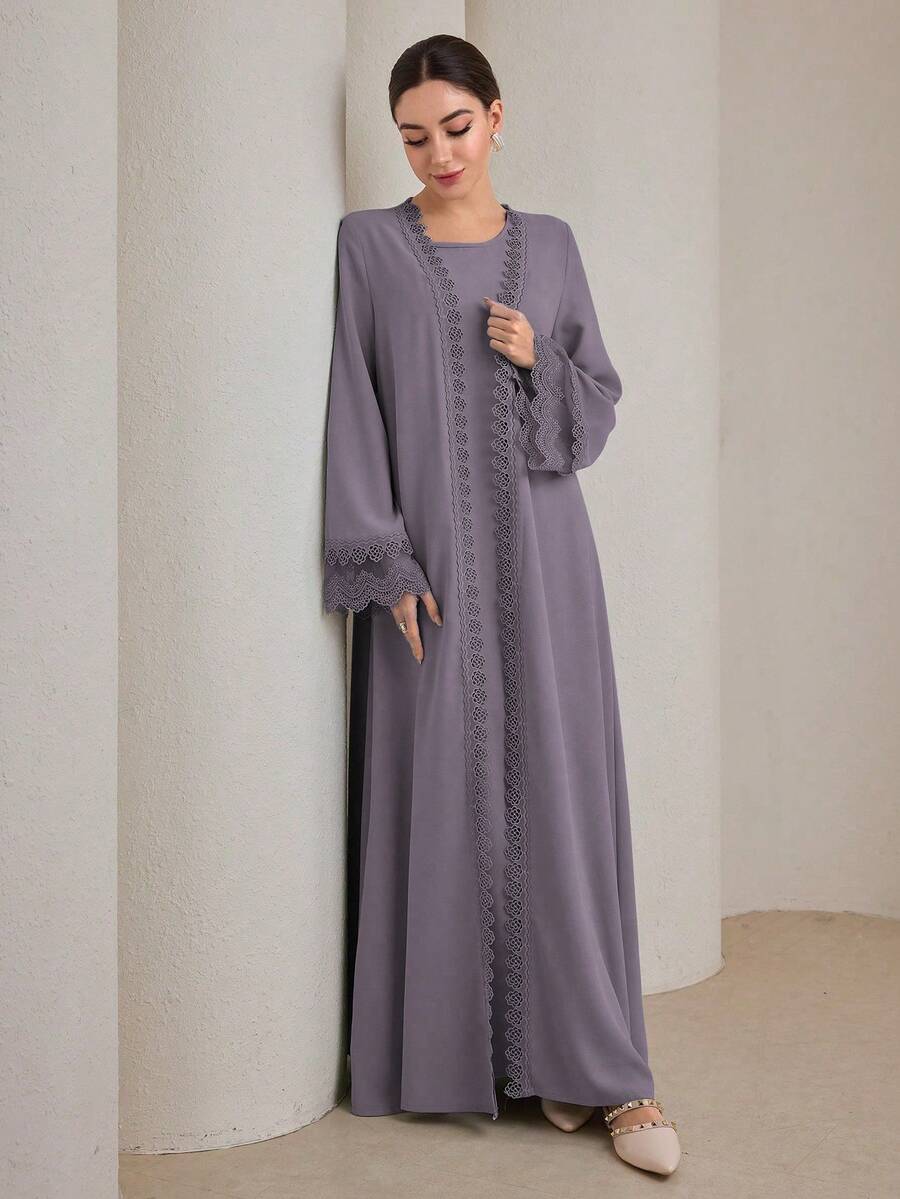Graceveil 2pcs Set Gaun Panjang Tradisional Wanita & Mantel Abaya Sopan - Mauve Purple - View 1