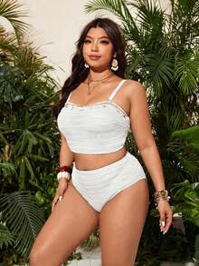 Swim Lushoire Đồ bơi nữ cỡ lớn, bikini quây cạp cao xẻ tà với họa tiết vỏ sò đặc biệt, phong cách nghỉ mát biển cổ điển. - trắng - Xem 3