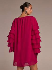 Women's Elegant Ruffle Trim Long Sleeve Teardrop Neck Mini Dress, Suitable For Spring/Summer Occasions, Weddings, Parties, Romantic Vacations - Red - View 2