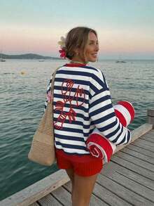 SHEIN EZwear 女士休闲条纹龙虾印花宽松圆领长袖卫衣，适合度假和夏季穿着 - 彩色 - 查看 5