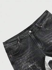 ROMWE MEN Street Life Herrjeans med fickor och strassutsmyckning, casual stil - Svart - Visa 3