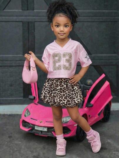 SHEIN 女童休闲V领短袖上衣和豹纹长裤套装