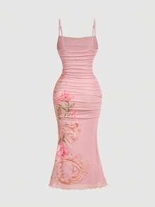 SHEIN MOD Slim-Fit Pink Floral Print Spaghetti Strap Dress With Waist Design. 70s Vintage Style, Fresh And Comfortable, Perfect For Vacation, Travel, Beach Outings, And Casual Fashion. Ideal For Garden Tea Parties, Picnics, And Summer Outings. - Pink - View 6