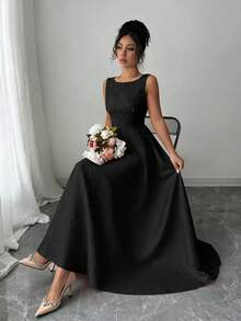 SHEIN Elenzya Đầm nữ Jacquard hở lưng thanh lịch dáng dài vừa, màu đen, thời trang khách mời đám cưới mùa hè, eo nhún, dáng chữ A, phong cách Pháp cổ điển, không tay, đầm tiệc - màu đen - Xem 5